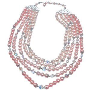 Vintage Japan 5 Strand Multi Pink Ombre Faux Pearl AB Crystal Necklace 15-18"